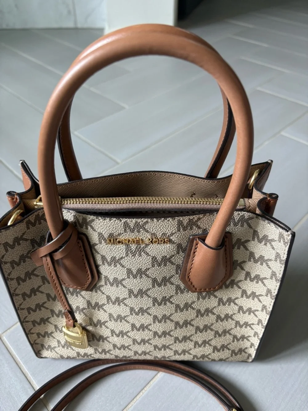 Michael Kors Medium Mercer Canvas Crossbody | Tan and Beige with Logo Print